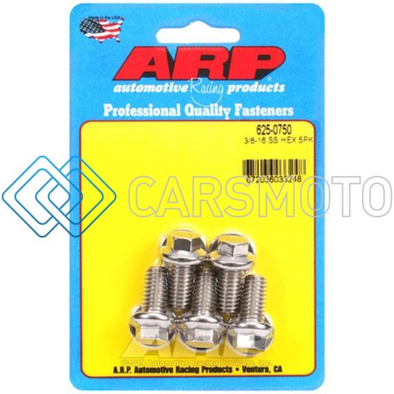 ARP 625-0750 3/8 IN.-16 RH THREAD, .750 IN HEX HEAD SS BOLTS - SET OF 5