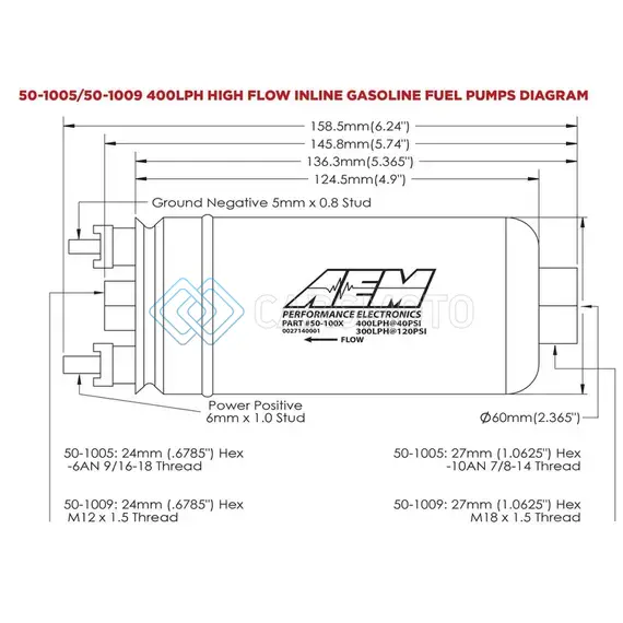 AEM 50-1009 400LPH HIGH PRESSURE INLINE FUEL PUMP - M18X1.5 FEMALE INLET TO M12X1.5 MALE OUTLET