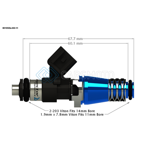 INJECTOR DYNAMICS 1050.60.11.204.6 ID1050X INJECTORS - 60MM LENGTH - 11MM BLUE TOP - 204 LOWER CUSHION (SET OF 6)