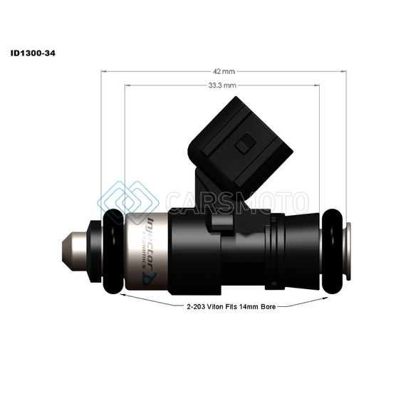 INJECTOR DYNAMICS 1300.34.14.14.8 1340CC FUEL INJECTOR 35MM LENGTH NO ADAPTOR TOP (14MM O-RING) 14MM LOWER O-RING