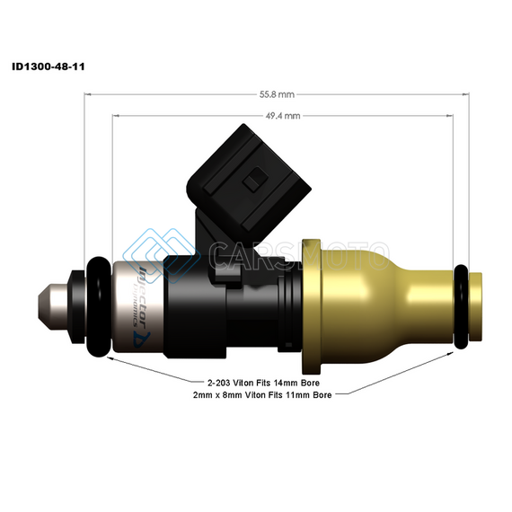 INJECTOR DYNAMICS 1300.48.11.F20 1340CC INJECTOR - 48MM LENGTH - 11MM GOLD TOP - S2000 LOWER CONFIG