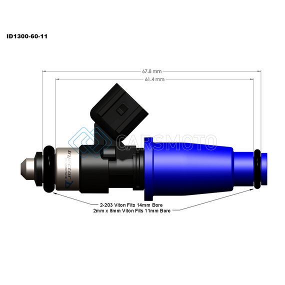 INJECTOR DYNAMICS 1300.60.11.D.4 1340CC INJECTORS - 60MM LENGTH - 11MM BLUE TOP - DENSO LOWER CUSHION (SET OF 4)